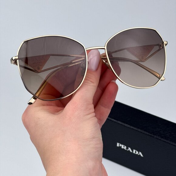 Prada Women BRAND NEW Sunglasses Gold Light Brown Grey Gradient Geometric PR57YS - Picture 1 of 11